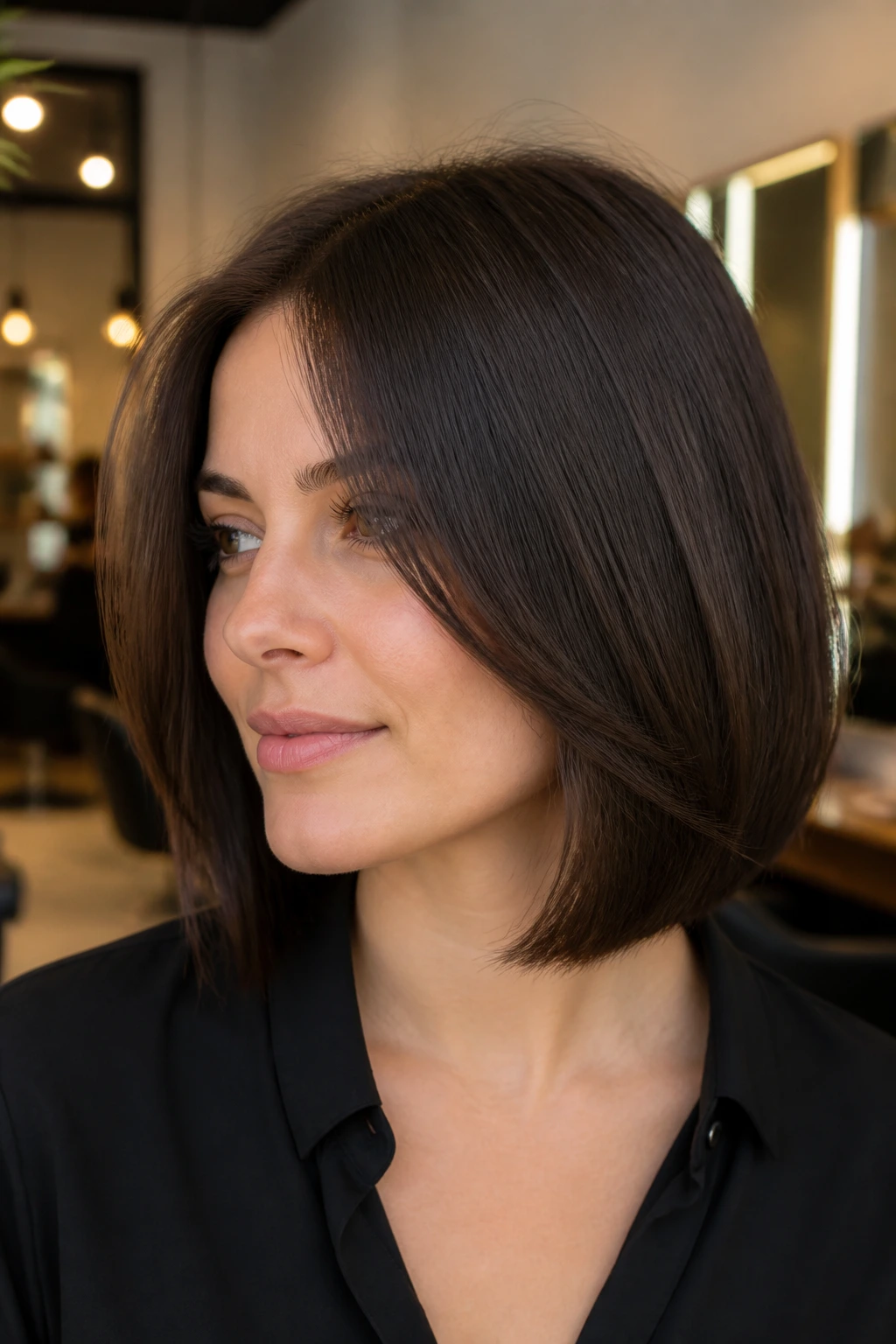 Close-up of real woman with Mink Brown shoulder-length bob