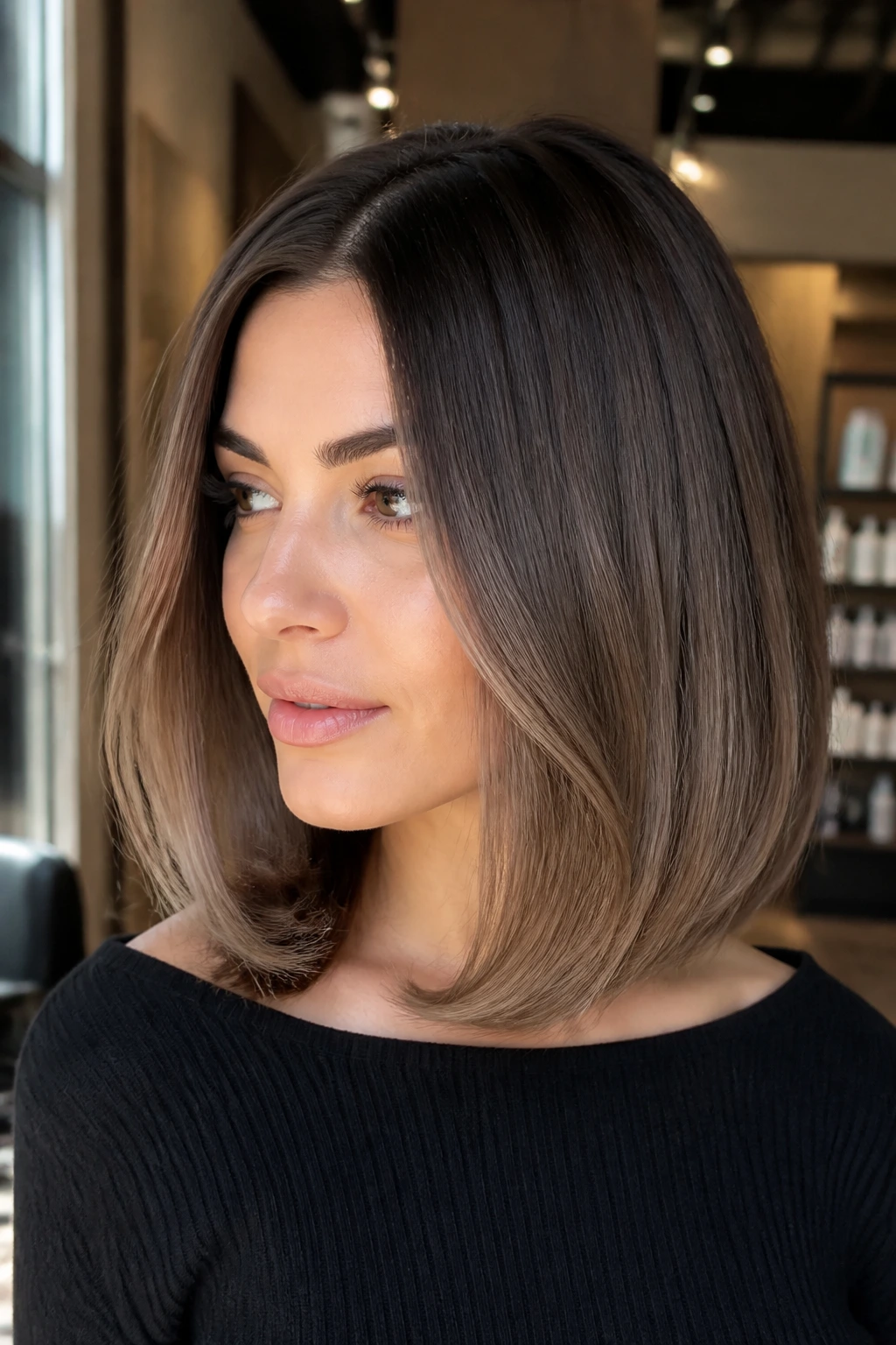 Close-up of a real woman with mink brown melt on a lob, dark roots to ash-brown midtones.