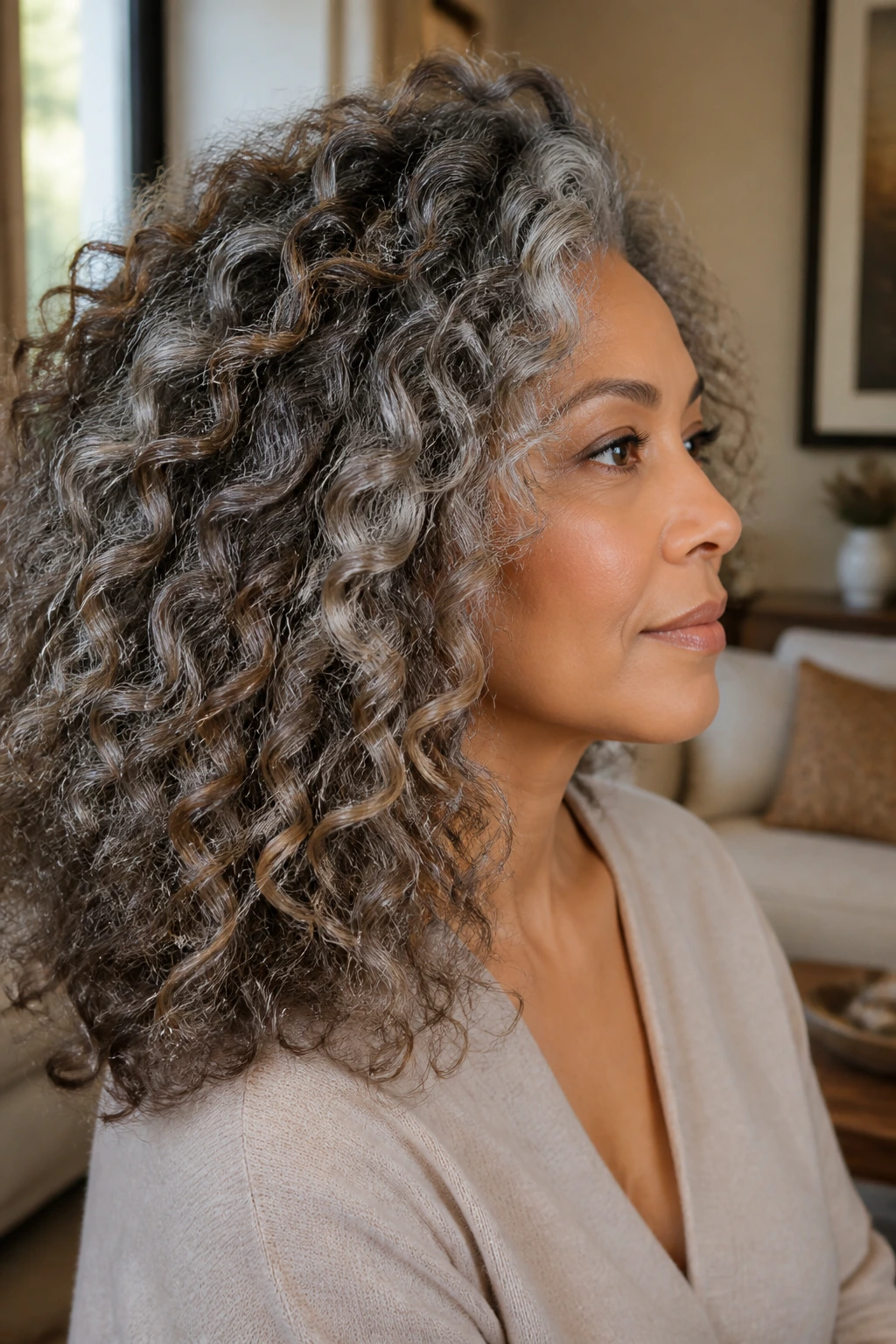 Portrait of a woman with mink brown and silver ribboned grey curls
