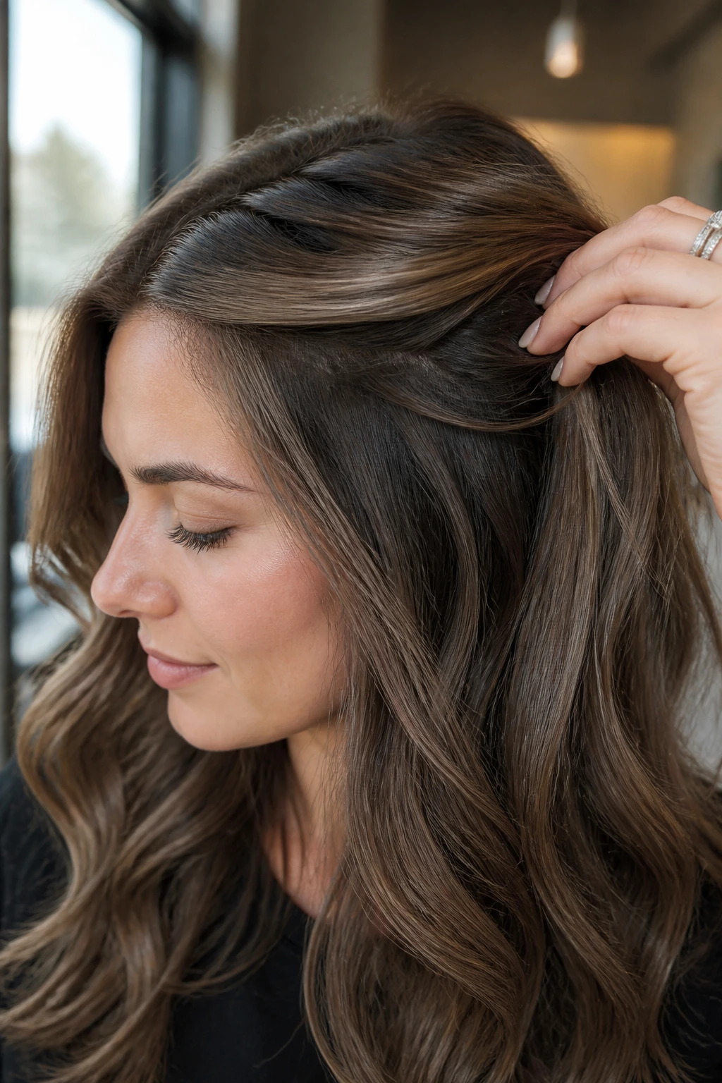 Close-up of a real person's hair showing mink brown underlayer at roots beneath a lighter top layer