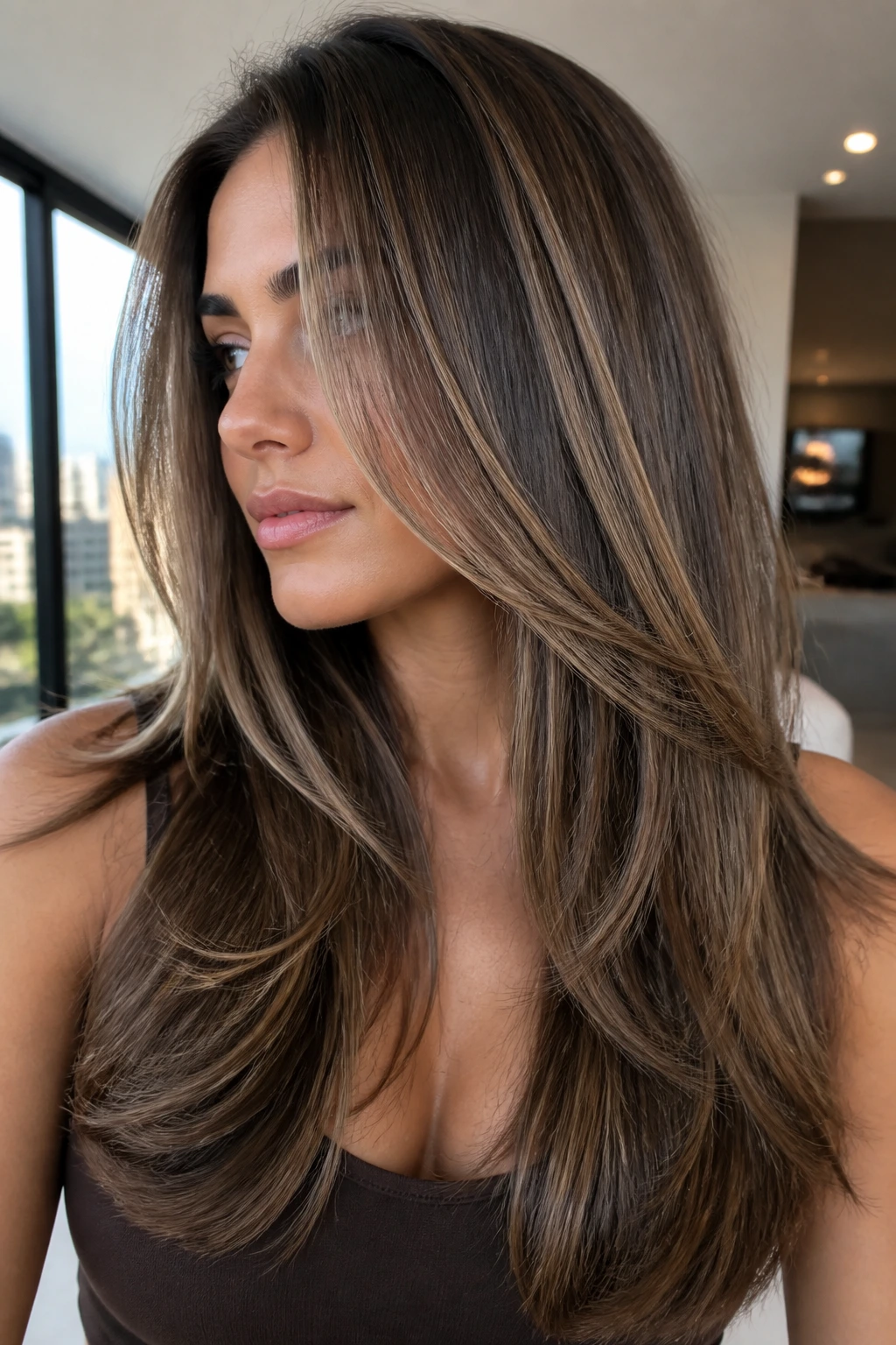 Close-up of sleek long layered hair with mink lowlights on a real person