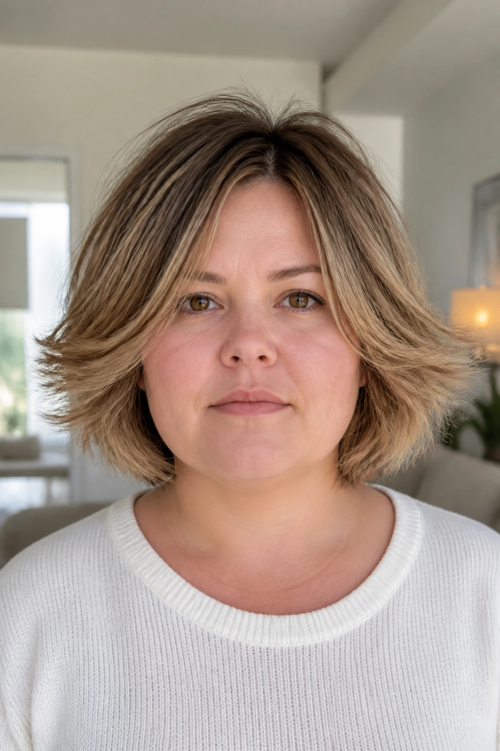 Portrait showing a hairstyle that widens the round face due to cheek-width layering