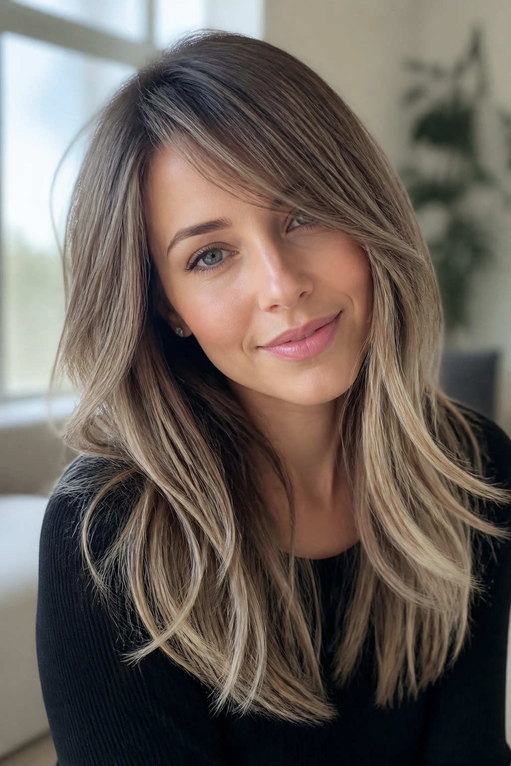 Close-up portrait of a real woman with misty bronde layers and diagonal side-swept bangs in natural window light
