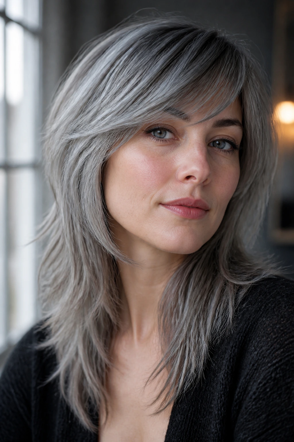 Close-up of a real woman with a misty grey wolf cut and side-swept bangs