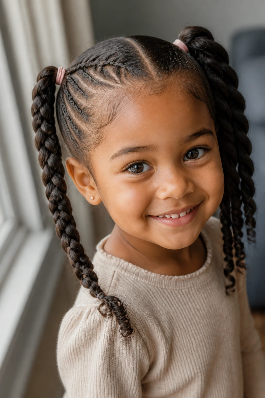 Close-up of mixed braid-and-twist pigtails on a real girl.