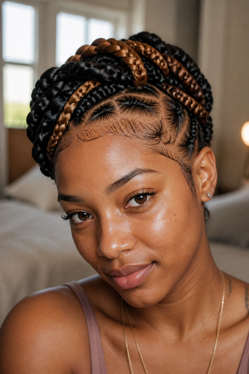 Close-up of a real person wearing a crown of mixed protective braids