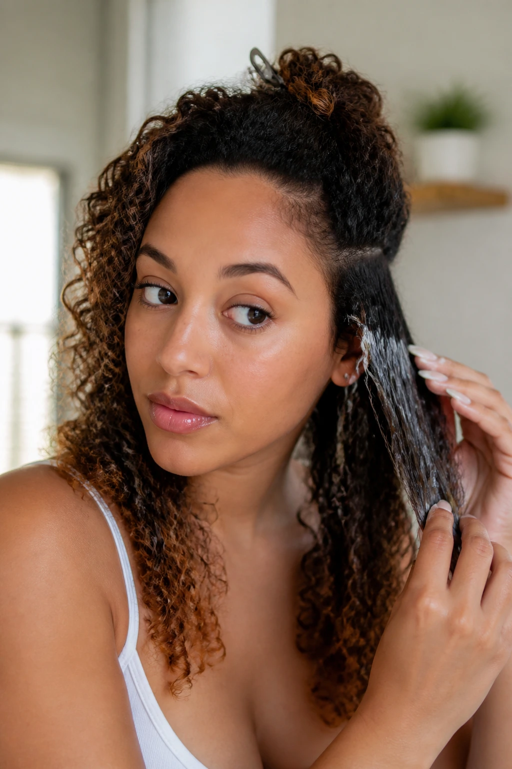 Person applying product to mixed textures of curly hair