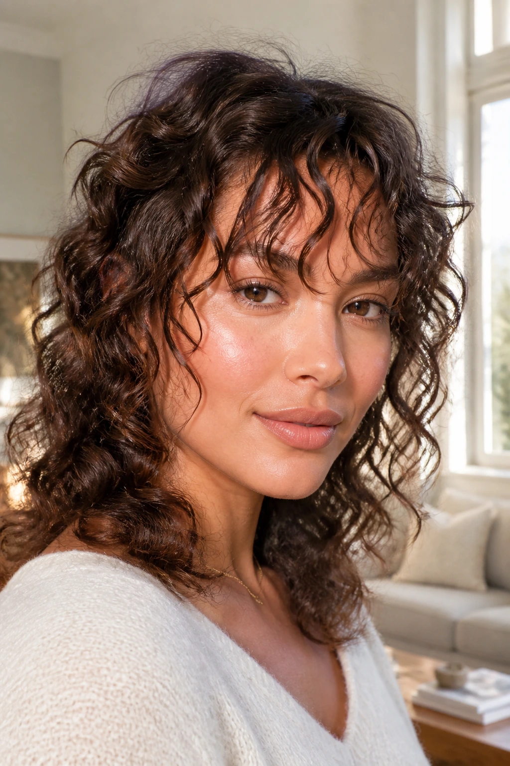 Close-up of a real woman with mixed-length bangs moving naturally
