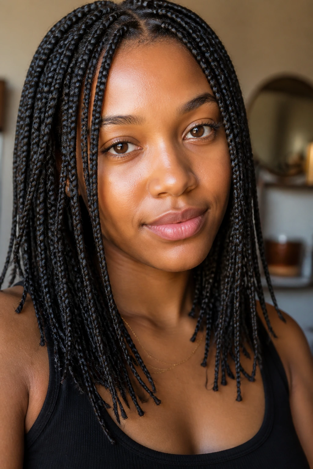 Close-up of a real woman with mixed-length braids filling the frame