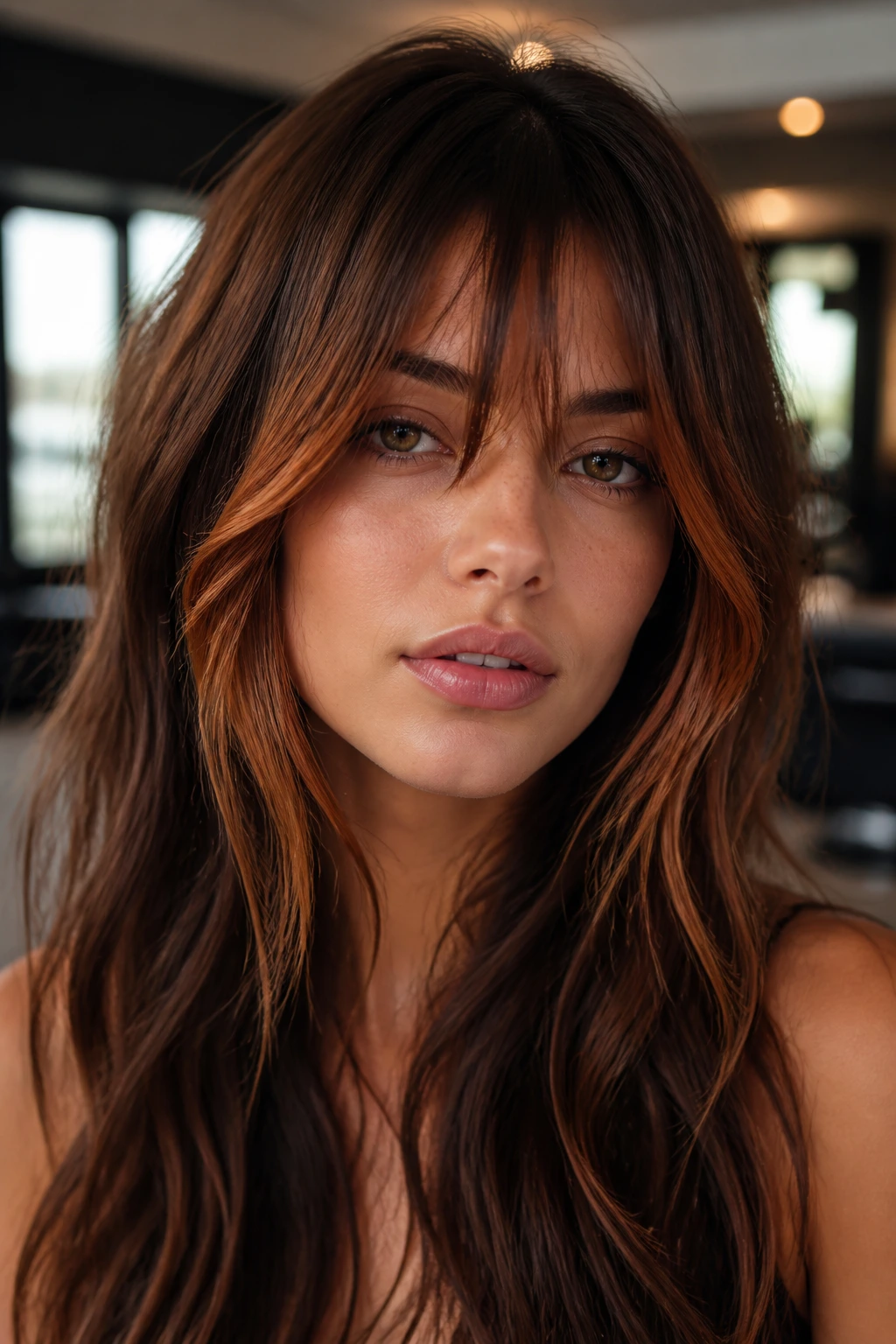 Close-up of a real woman with mixed-length fringe and copper money pieces in warm light