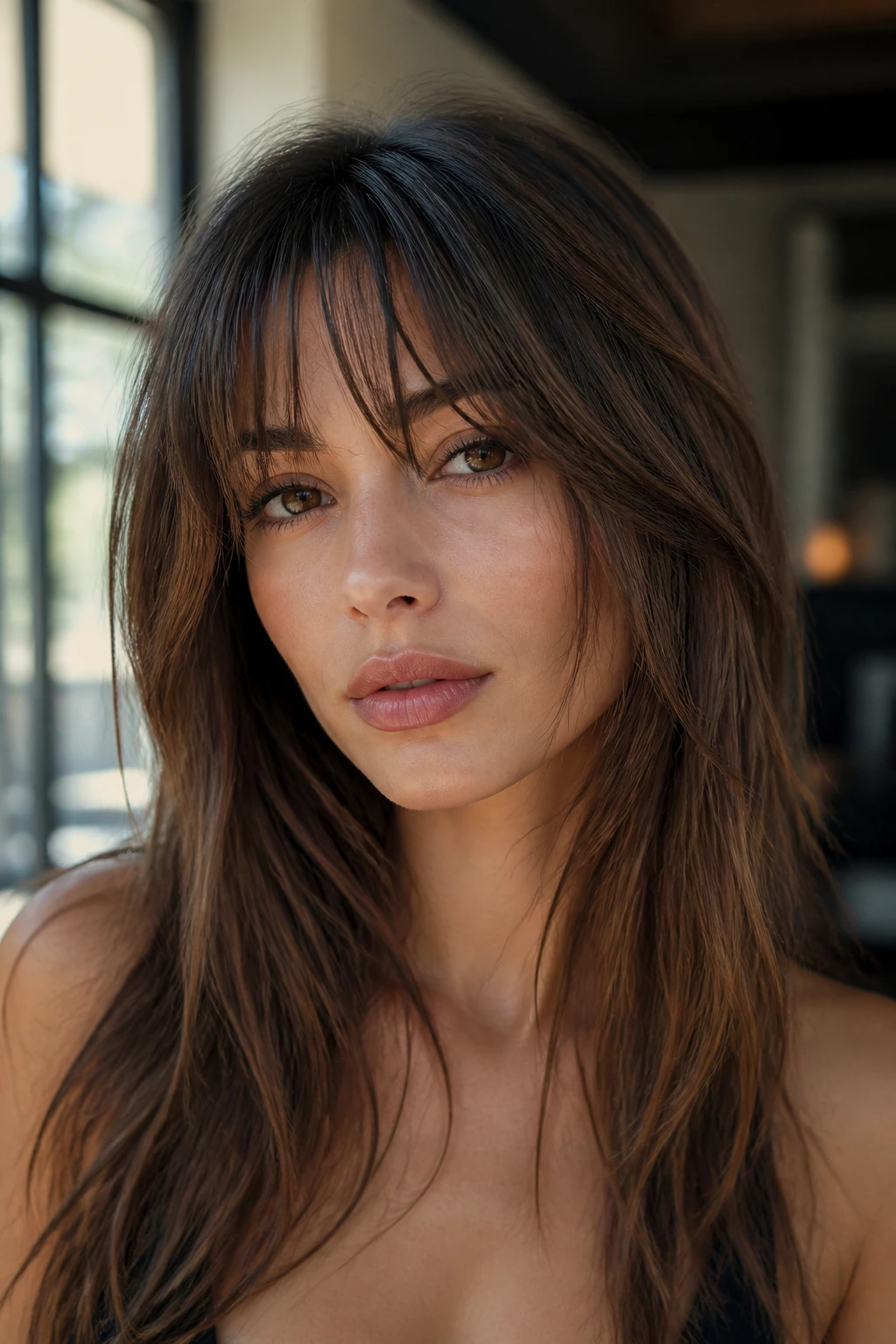 Close-up of a real woman with mixed-length layered bangs in a softly lit indoor space