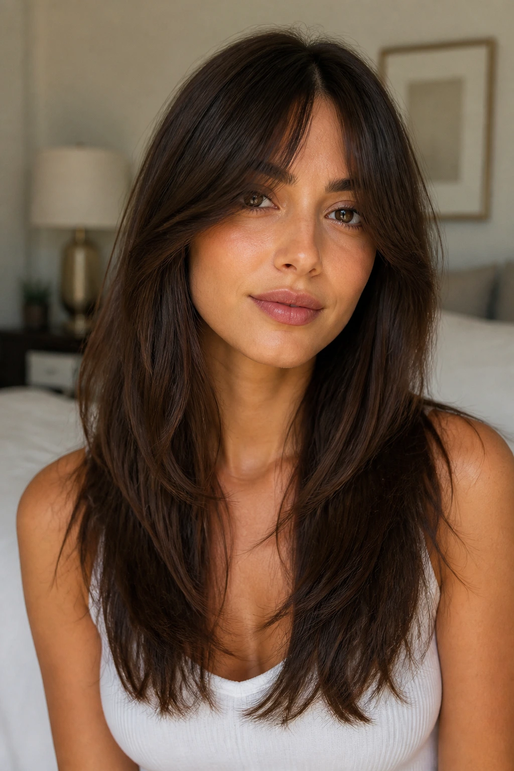 Real woman with narrow center-part fringe and mixed-length layers