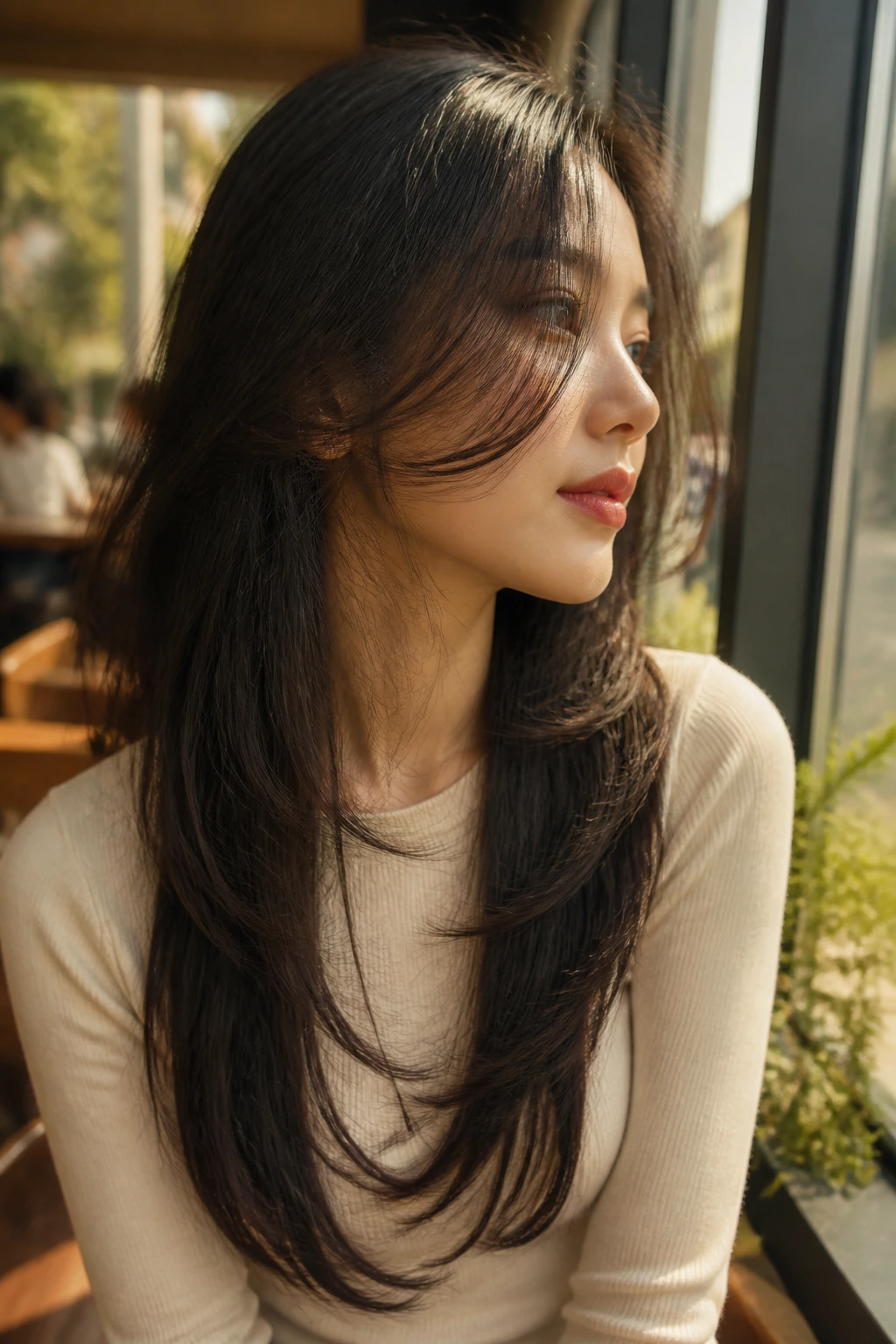 Close-up portrait of real woman with mixed-length ribbon face-framing layers
