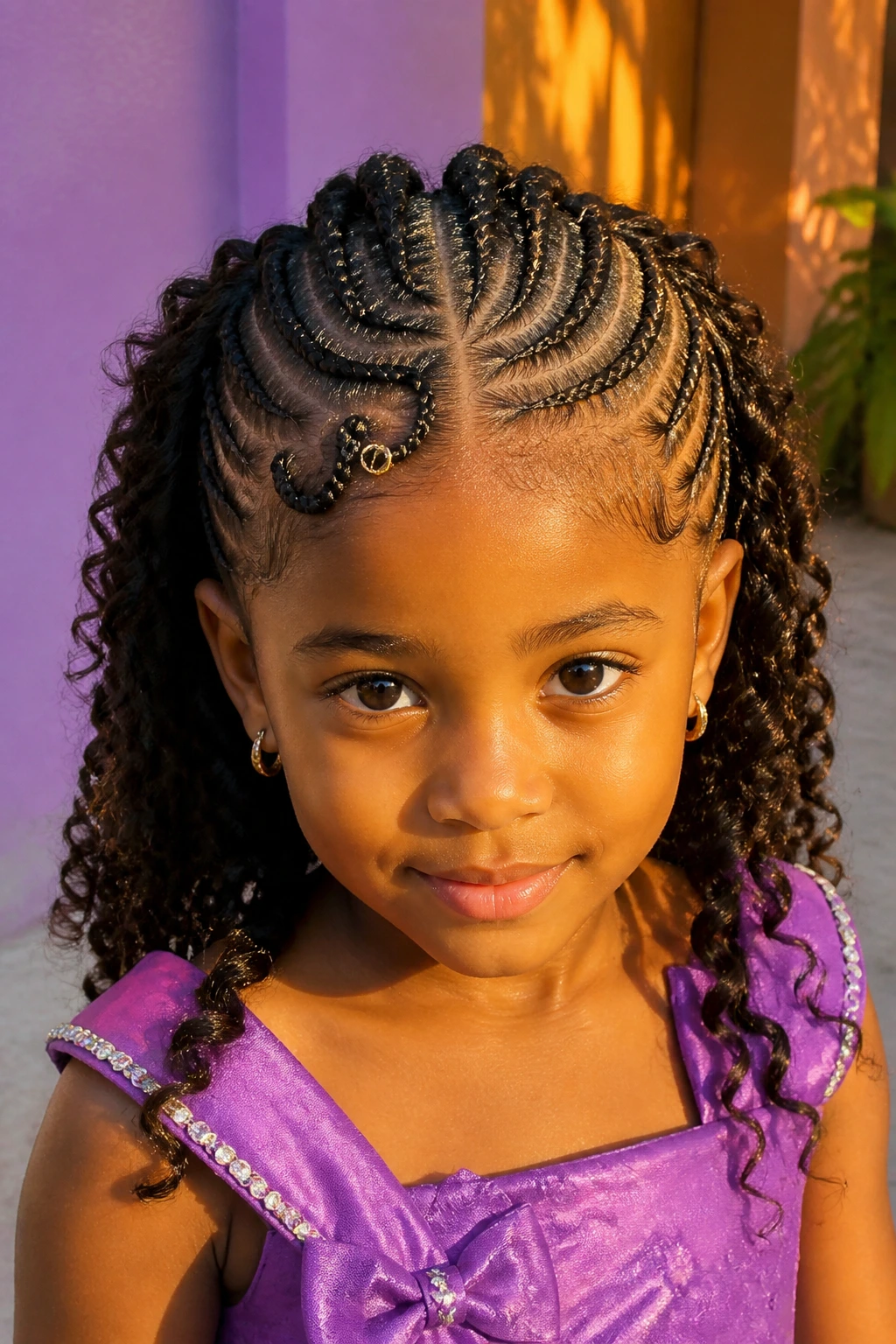 Real child with mixed-pattern half cornrows outdoors