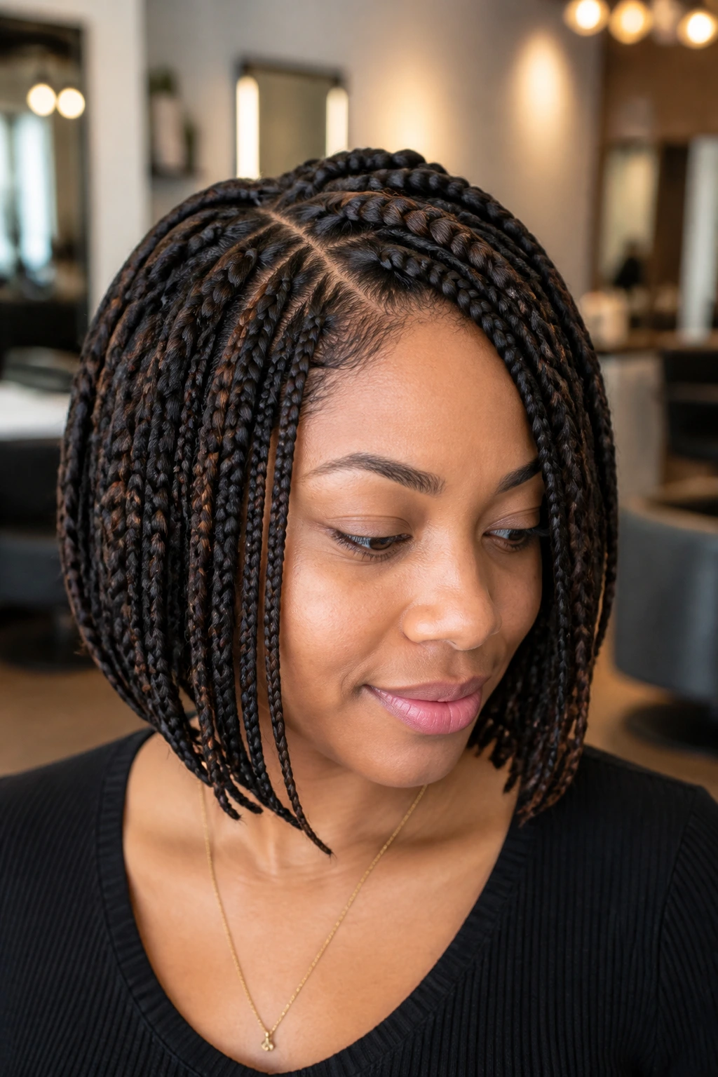 Medium close-up of a real person with mixed-size braided bob