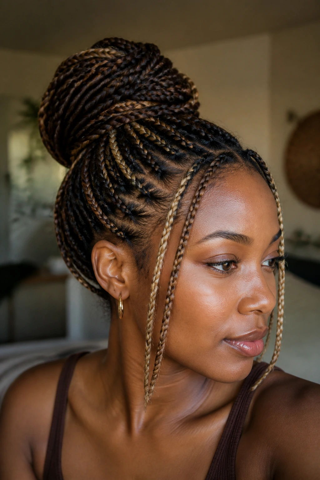 Close-up of mixed-size braids in a low bun with temple highlights on a real person