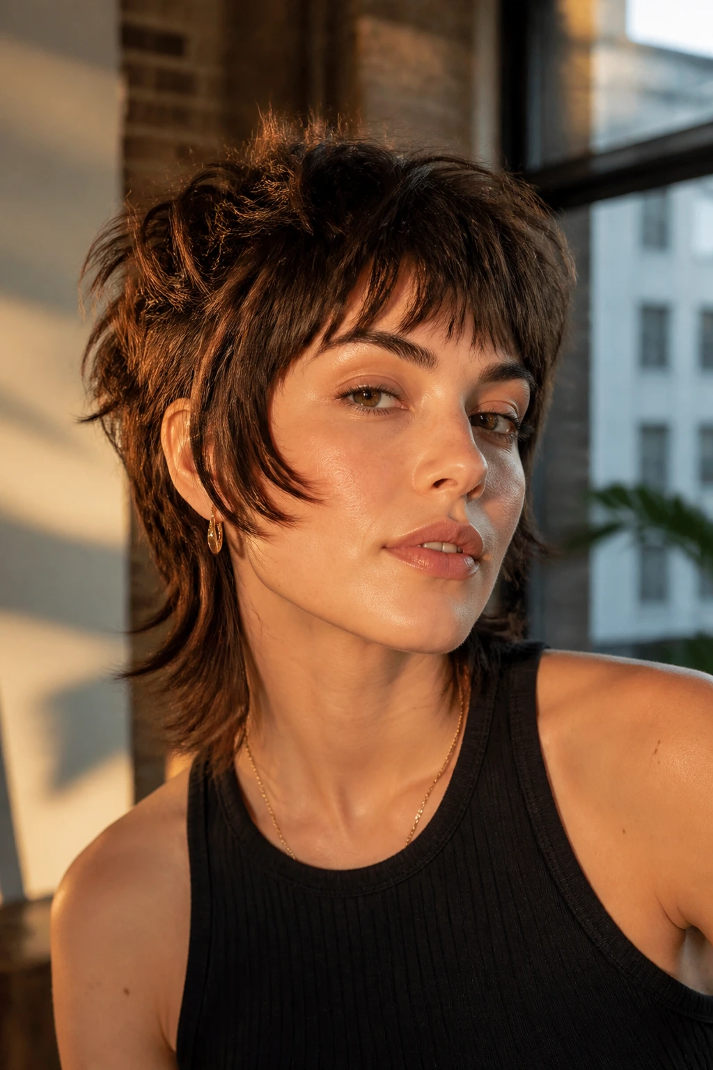 Medium close-up of a real woman with cheekbone-layered mixie haircut in warm loft lighting