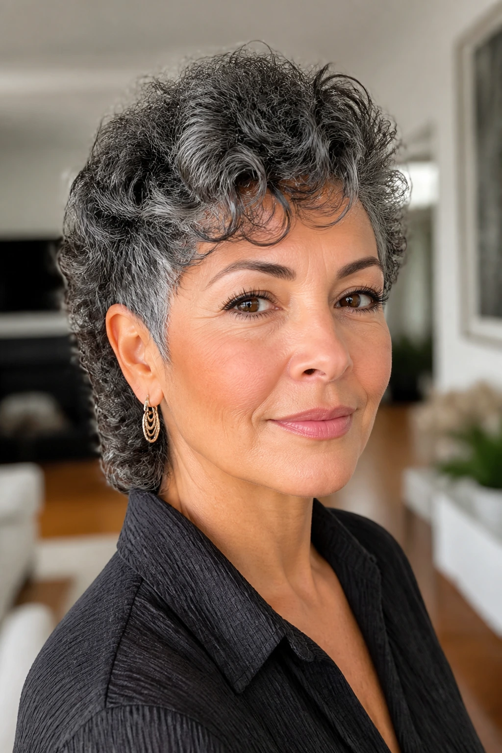 Close-up portrait of a real person with a mixie haircut featuring a longer crown