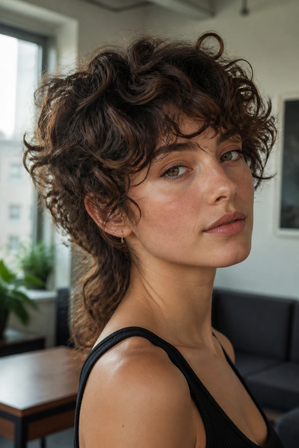 Close-up portrait of a real person with a mixie cut for curls