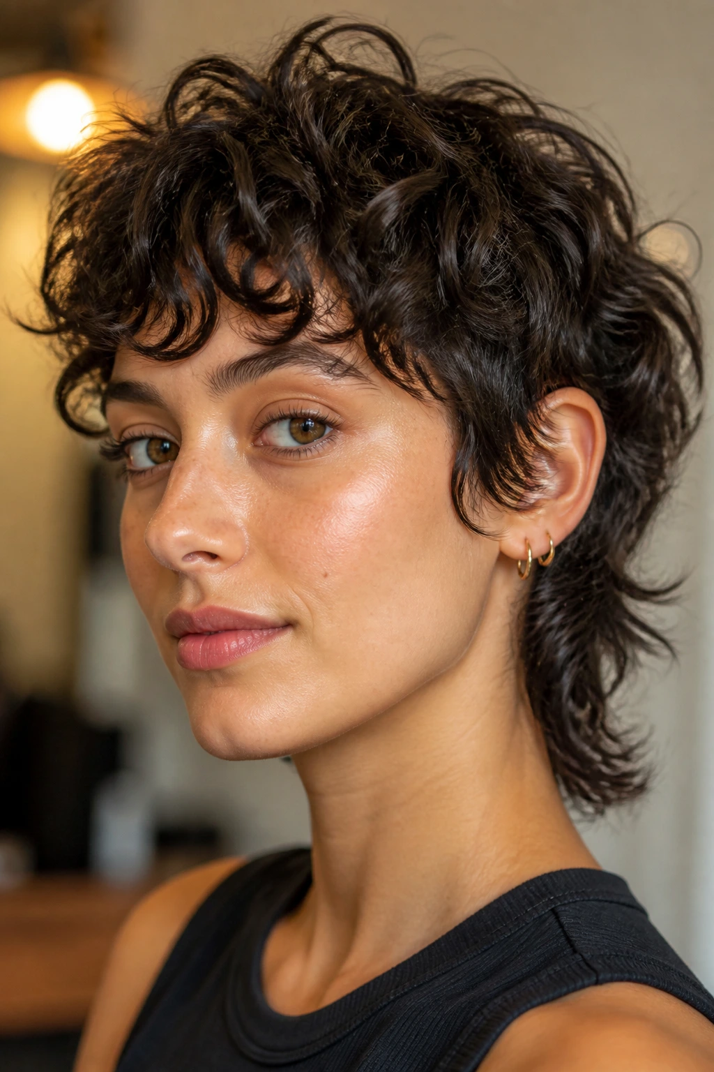 Portrait of a person with a mixie haircut and curly fringe.