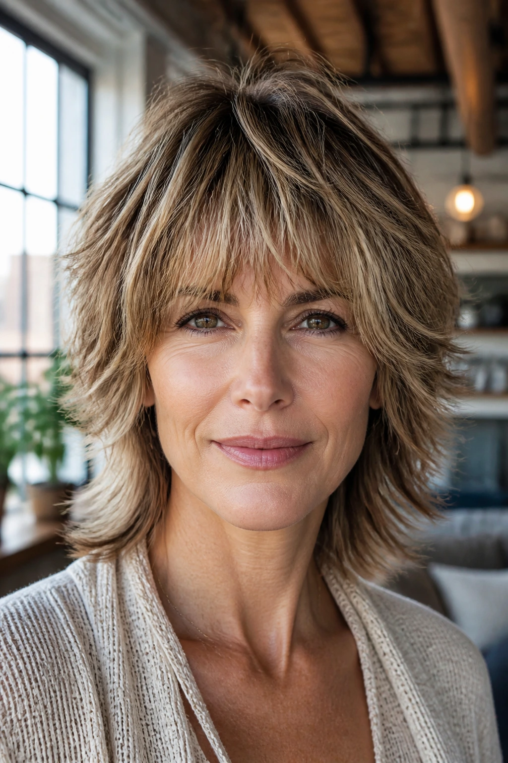 Close-up portrait of a real woman with a mixie cut and feathered fringe with babylights
