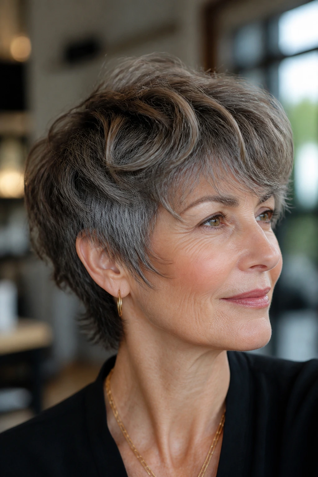 Close-up portrait of a real woman with a mixie cut featuring a longer top and shorter nape
