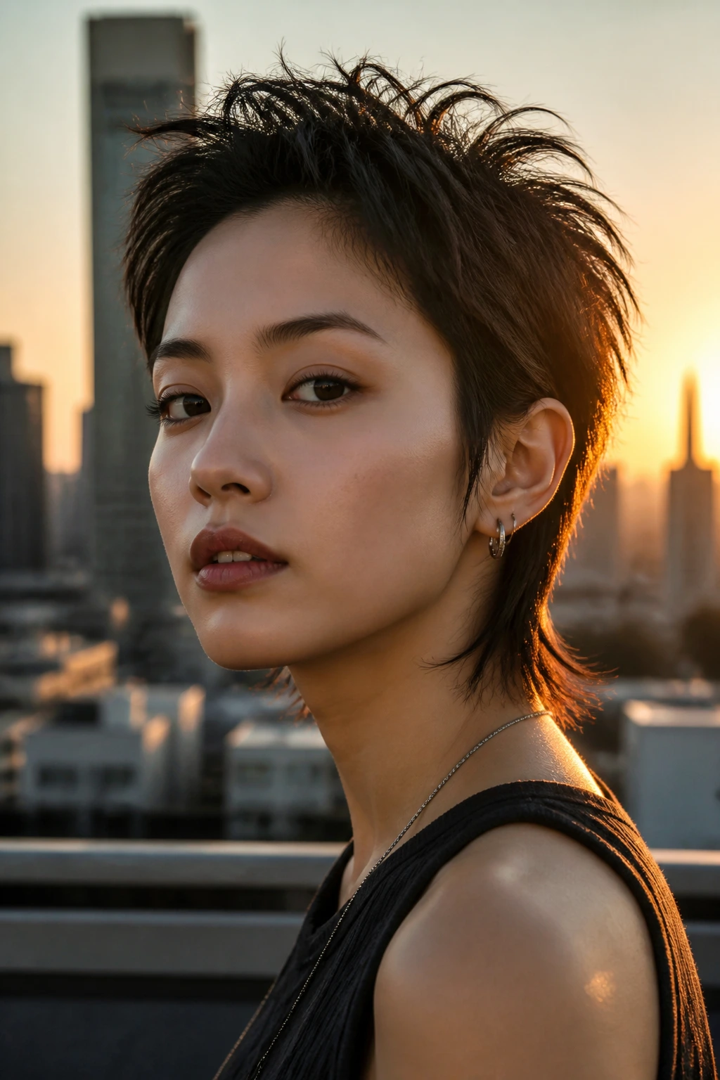 Close-up of a person with a mixie cut on a rooftop at golden hour