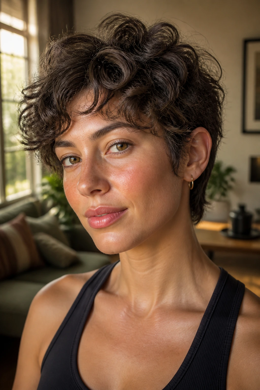 Close-up portrait of a real woman with a mixie cut with soft sides on a heart-shaped face
