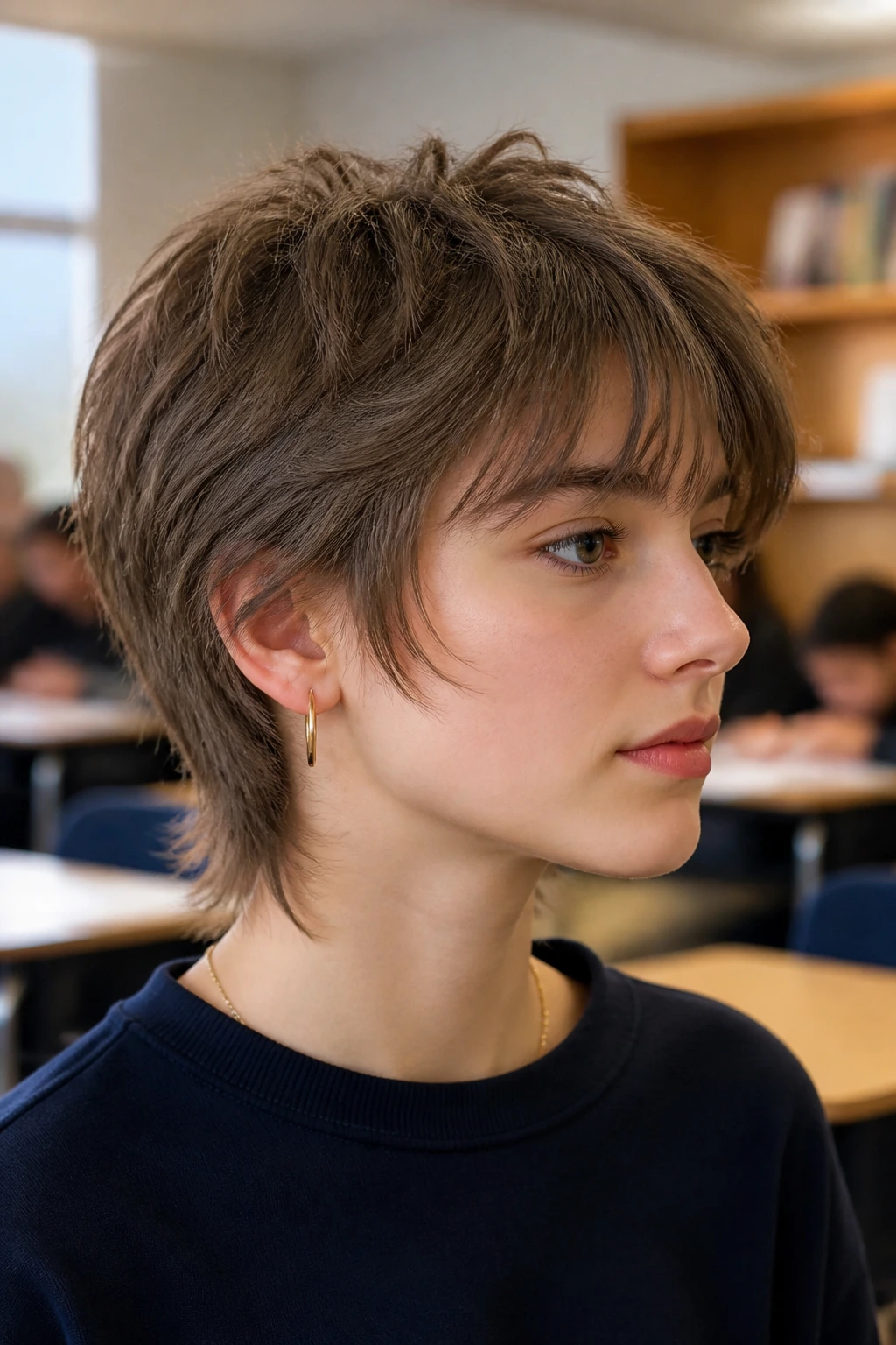 Student with Mixie hairstyle featuring blended neckline.