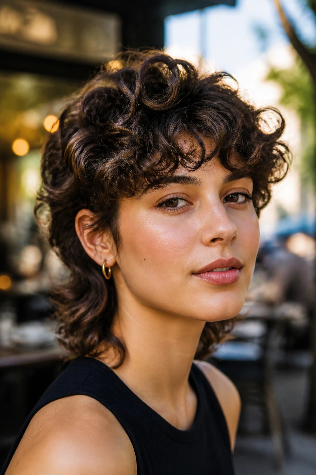 Mixie haircut with longer top layers on real woman in outdoor cafe setting