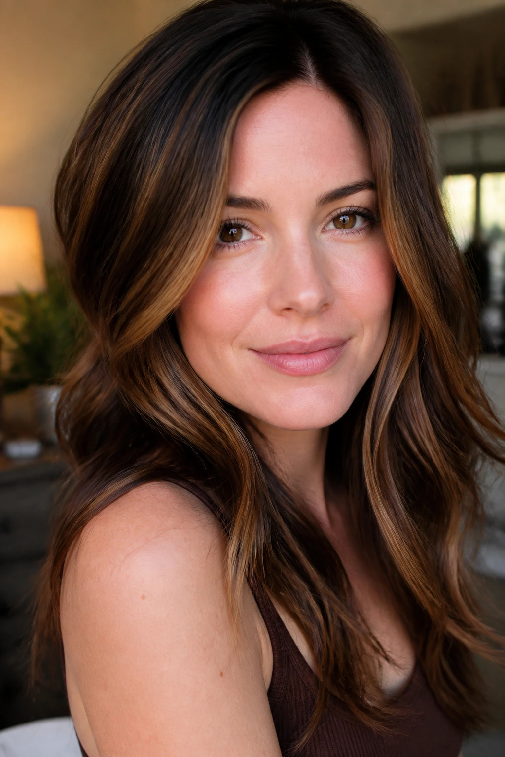 Close-up of pink-toned skin with mocha and amber hair blending around the face.