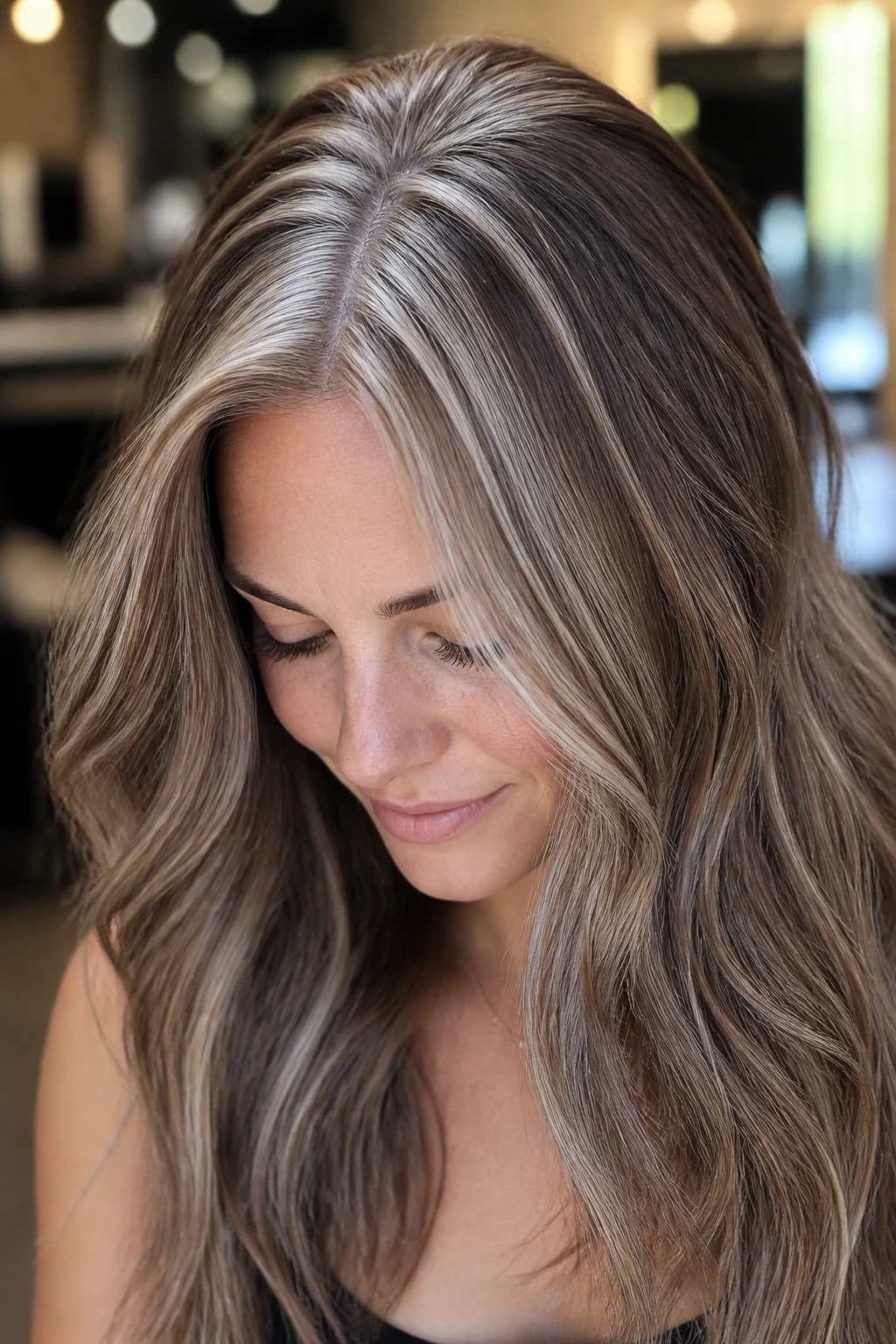 Close-up of cool mocha babylights with icy crown lift on a real person.