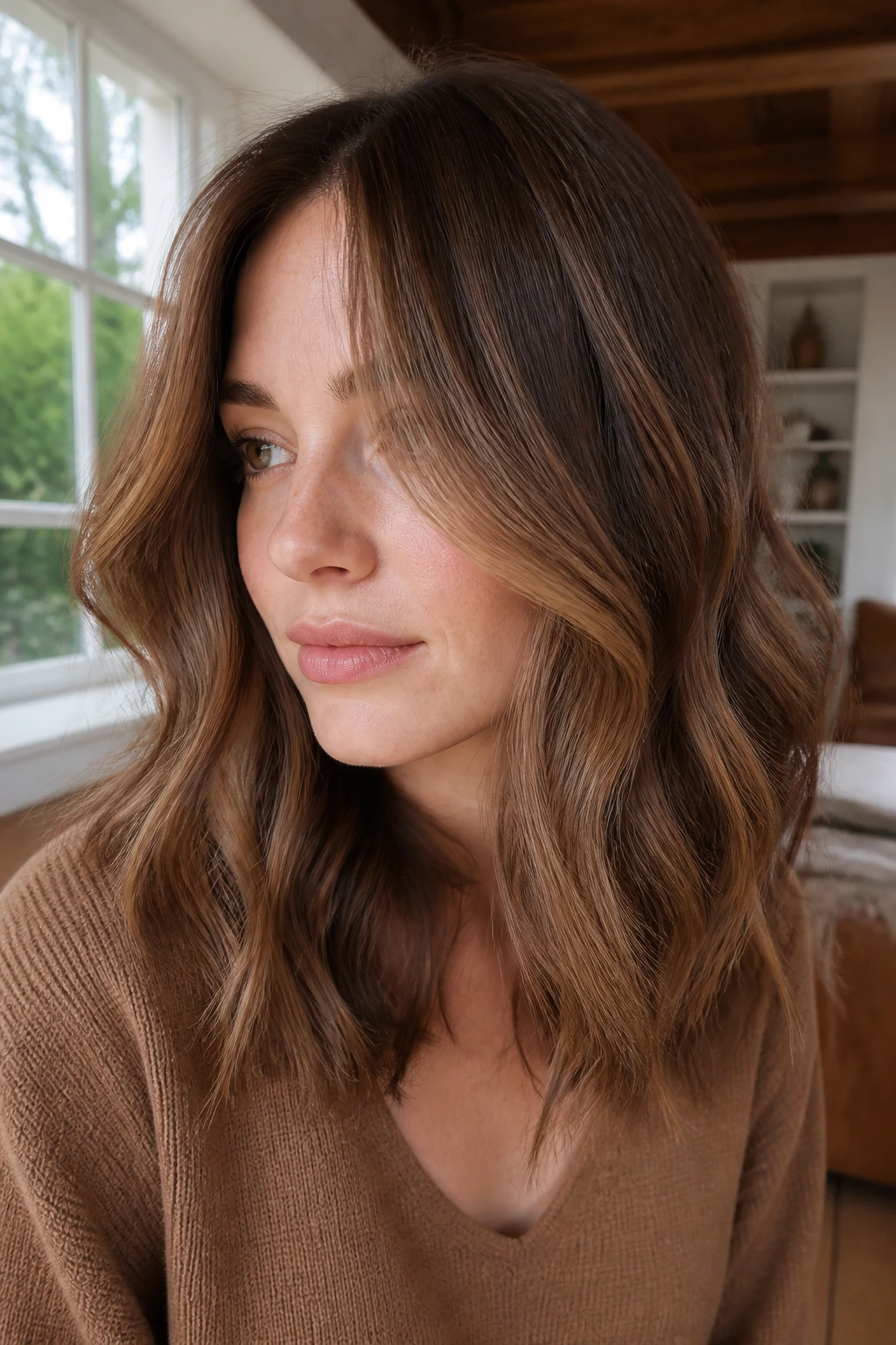 Medium-length wavy hair with creamy mocha base and soft caramel ribbons on a fair-skinned woman