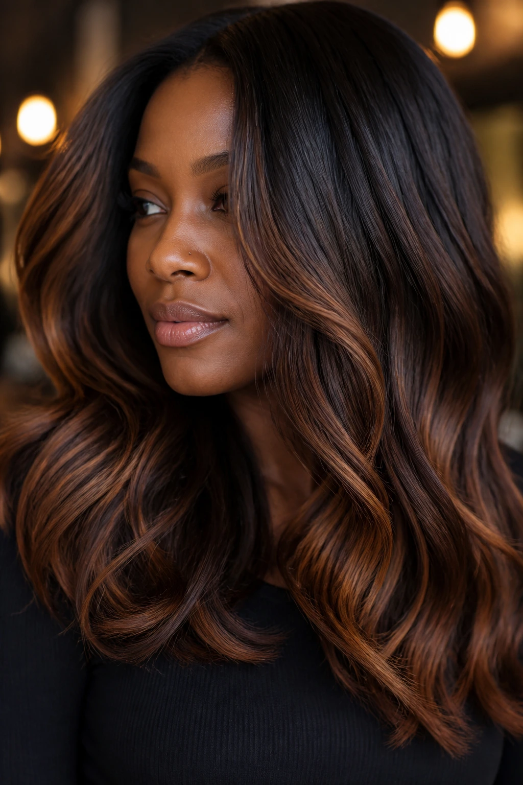 Mocha base with cinnamon ends in a balayage on real person
