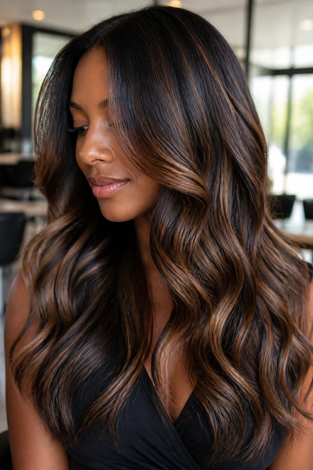 Close-up portrait of deep brunette with soft mocha balayage ribbons in natural salon light