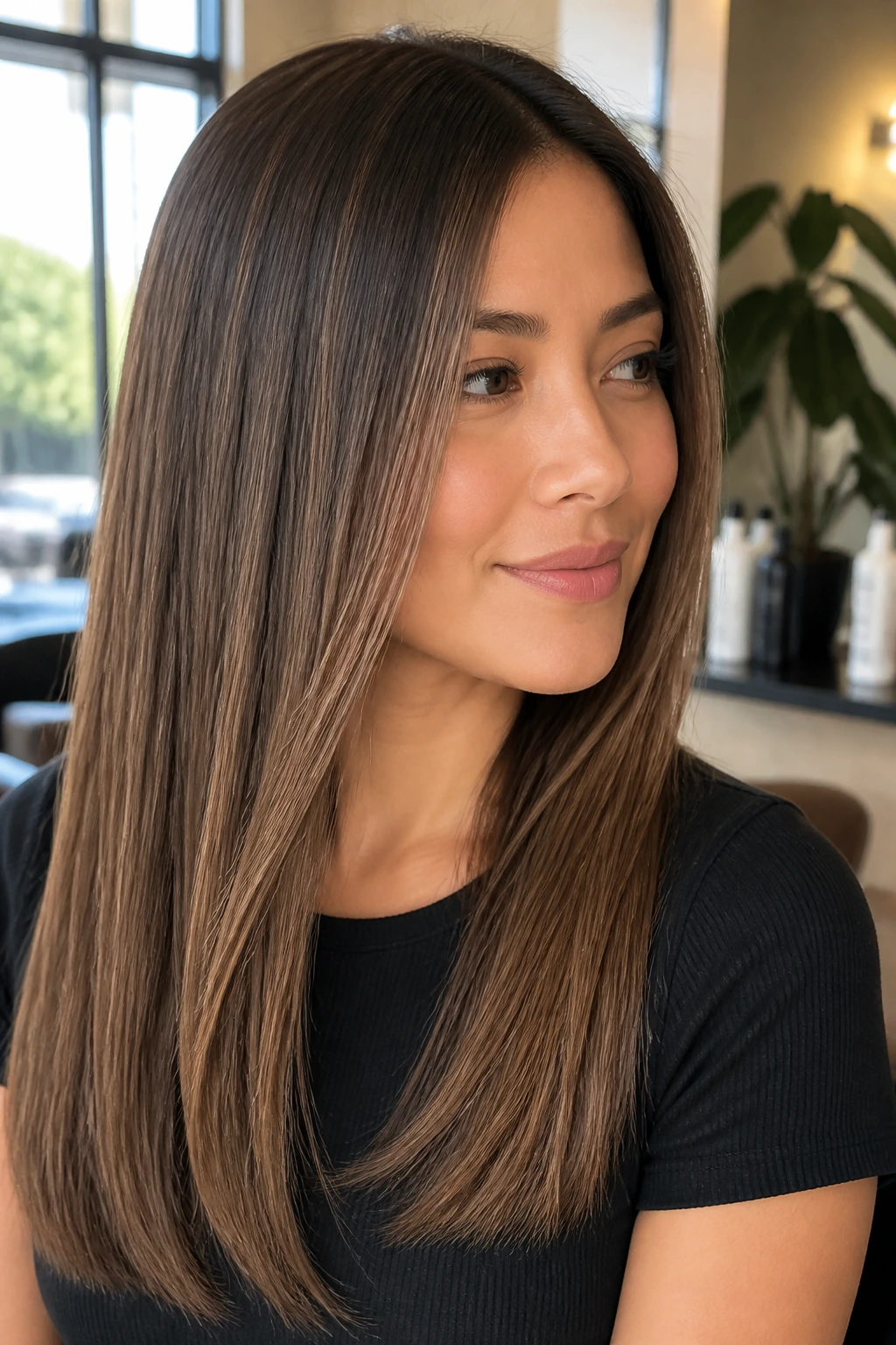 Close-up portrait of a real person with ultra-fine mocha micro-balayage on straight hair in a sunlit salon setting.