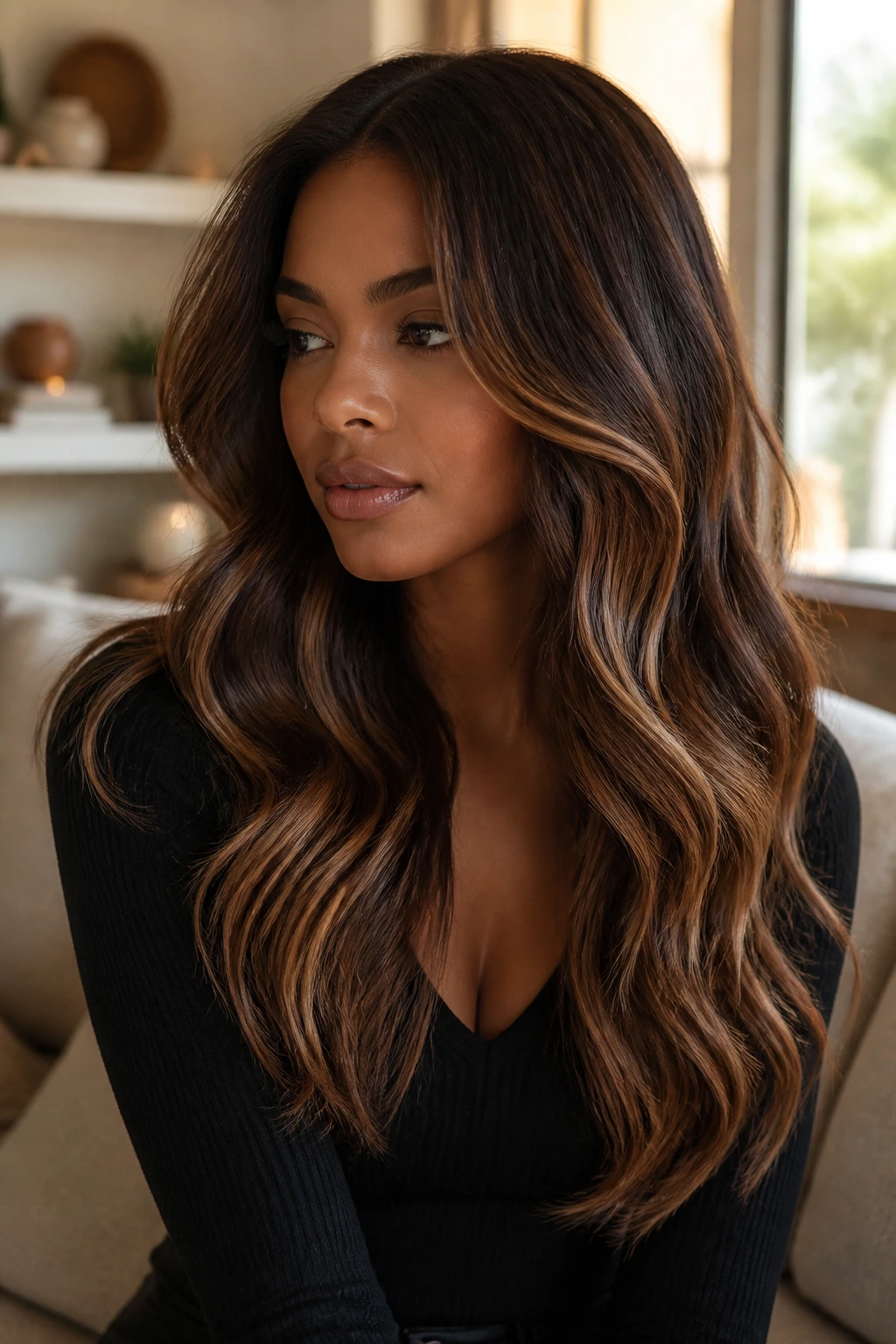Close-up of a real woman with mocha melt balayage on brunette hair