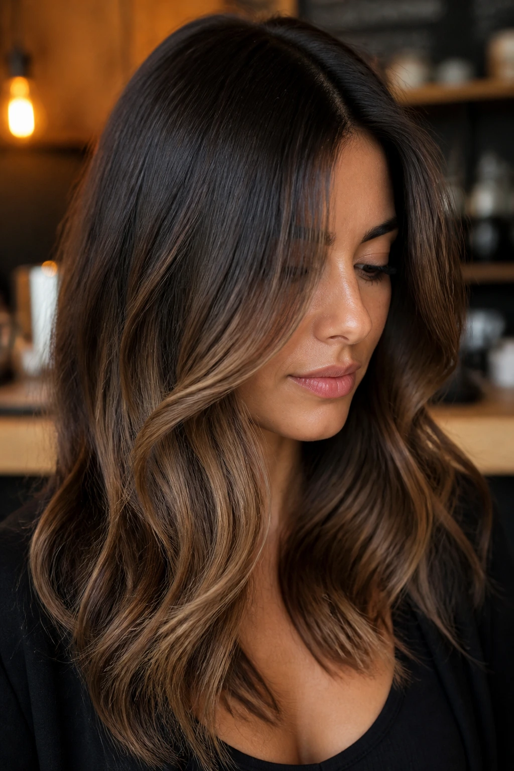 Portrait showing mocha balayage with dark base and lighter panels on hair