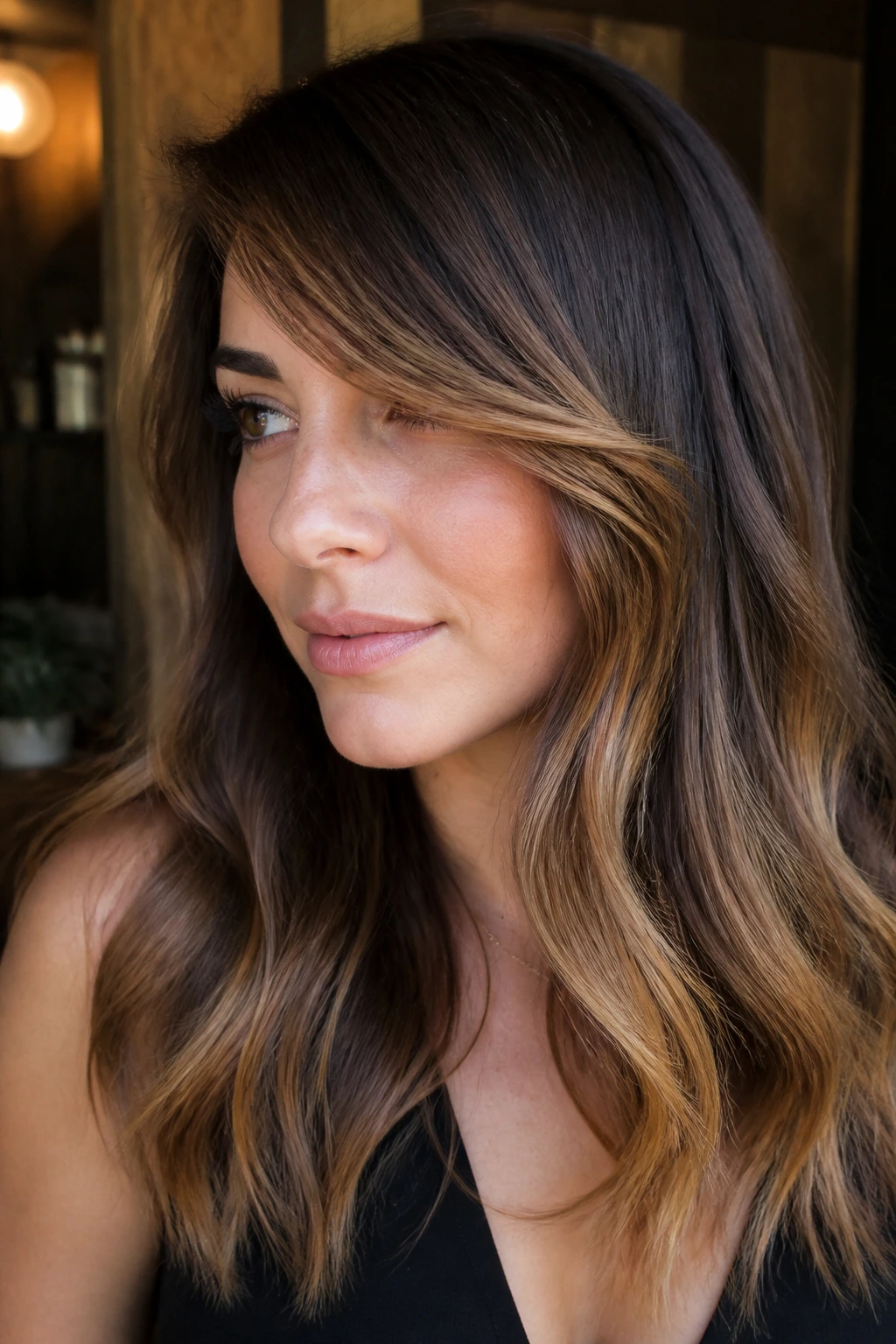 Close-up mocha balayage with honey ends on side-swept bangs
