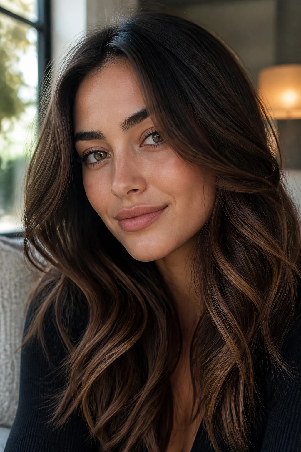 Close-up of olive-skinned woman with mocha melt balayage