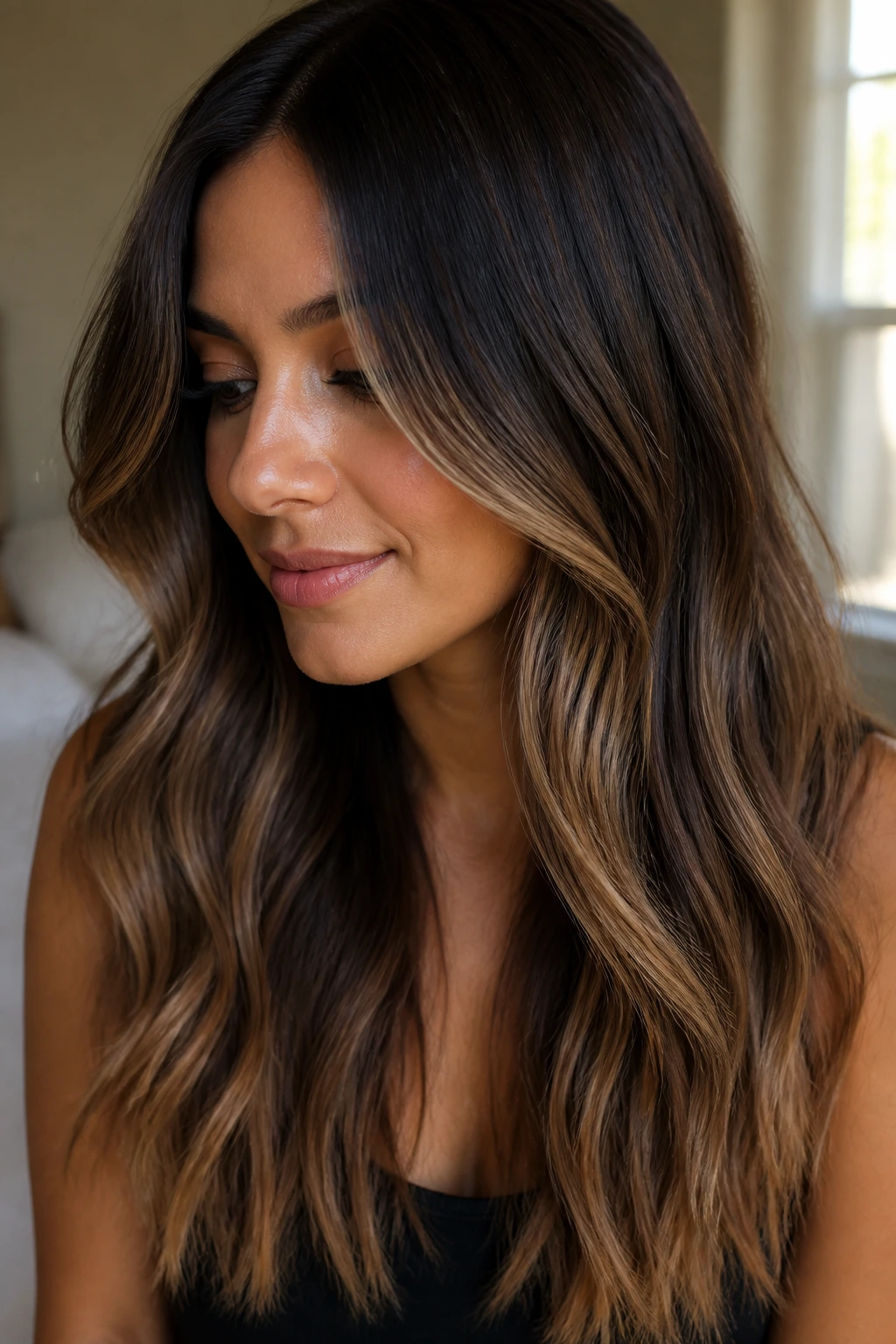 Close-up of a woman showing mocha ribbon balayage starting below the cheekbones