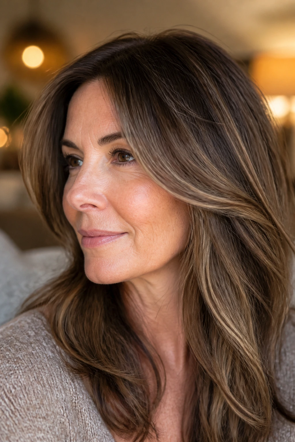 Close-up of a real woman with mocha balayage showing deep roots and soft ends