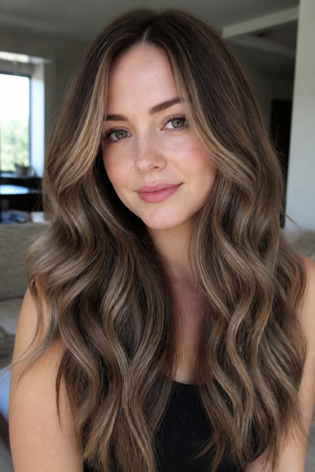 Real person with mocha balayage and smoke lowlights in bright living room light