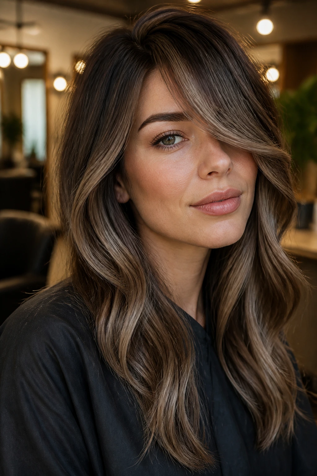 Close-up of a real woman with smoky mocha balayage and side-swept bangs
