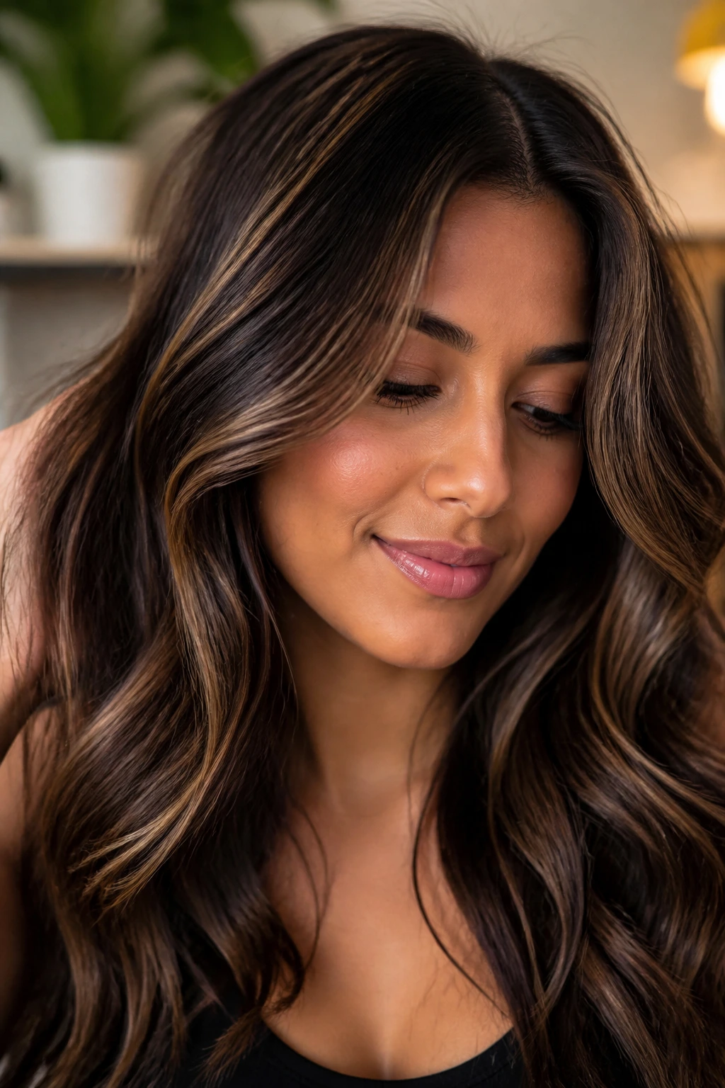 Real person showing mocha base hair with fine caramel foils for dimension.