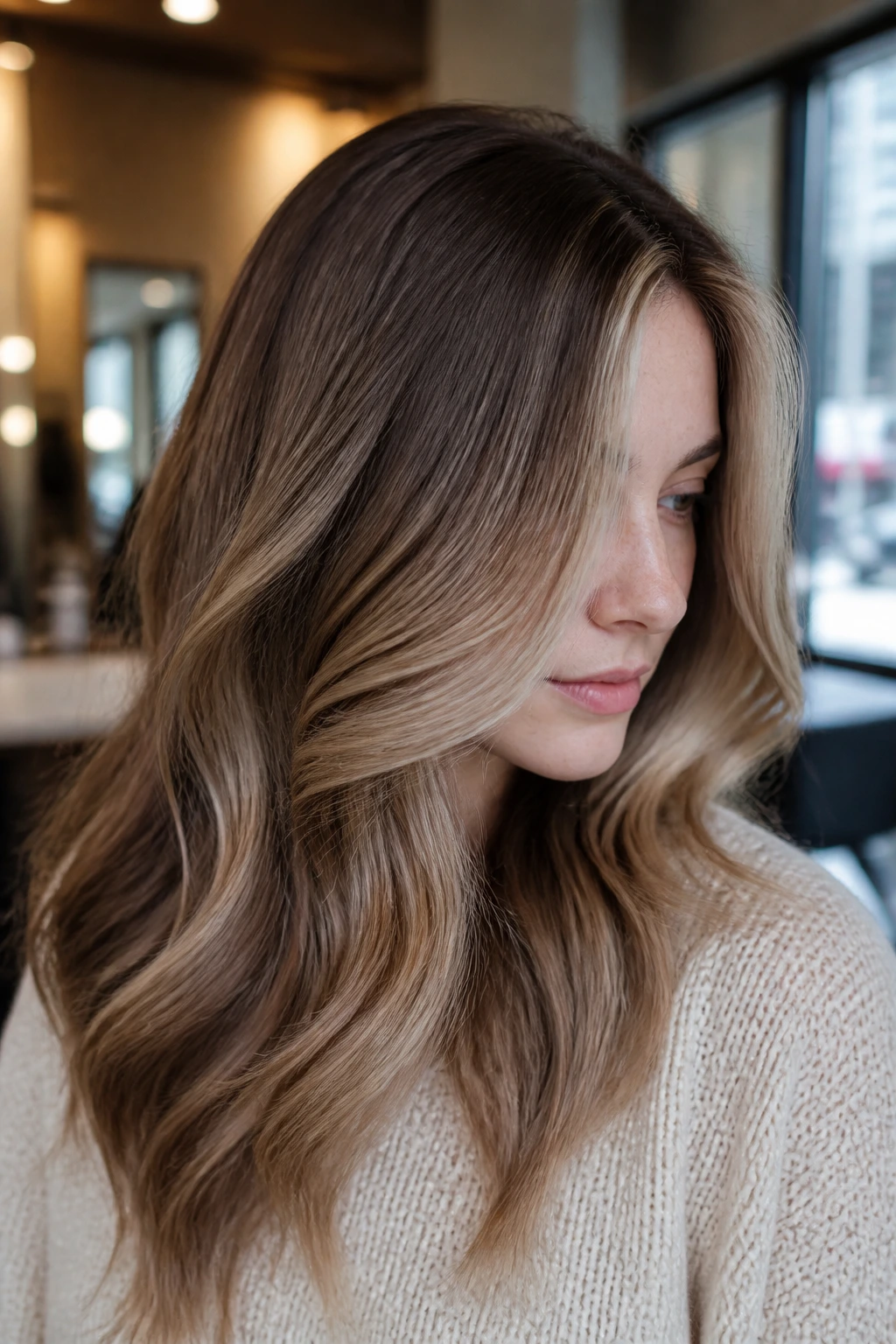 Close-up of a real woman with mocha-beige face-framing highlights around pale skin