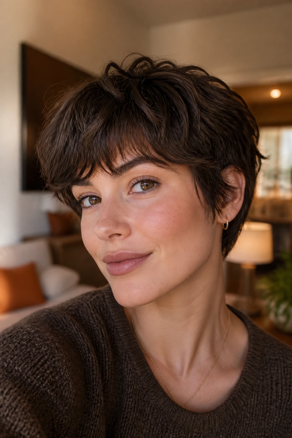Close-up portrait of a real person with mocha bixie hairstyle in a cozy living room