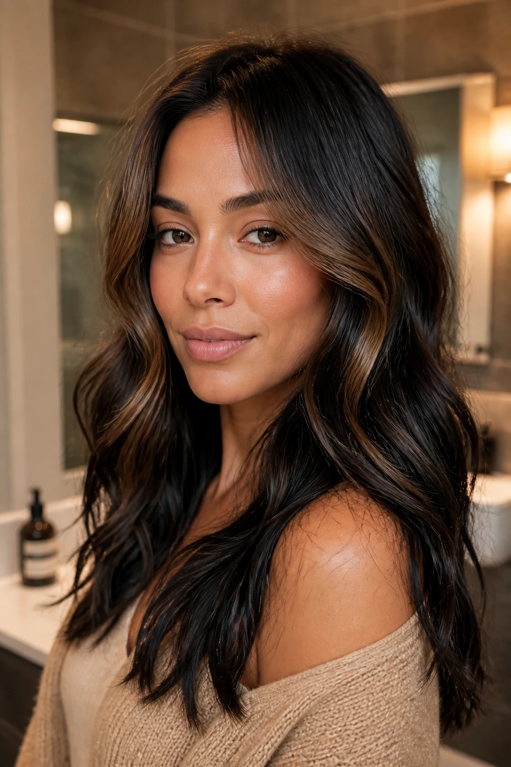 Close-up of mocha-to-black melt in warm medium skin hair with soft waves