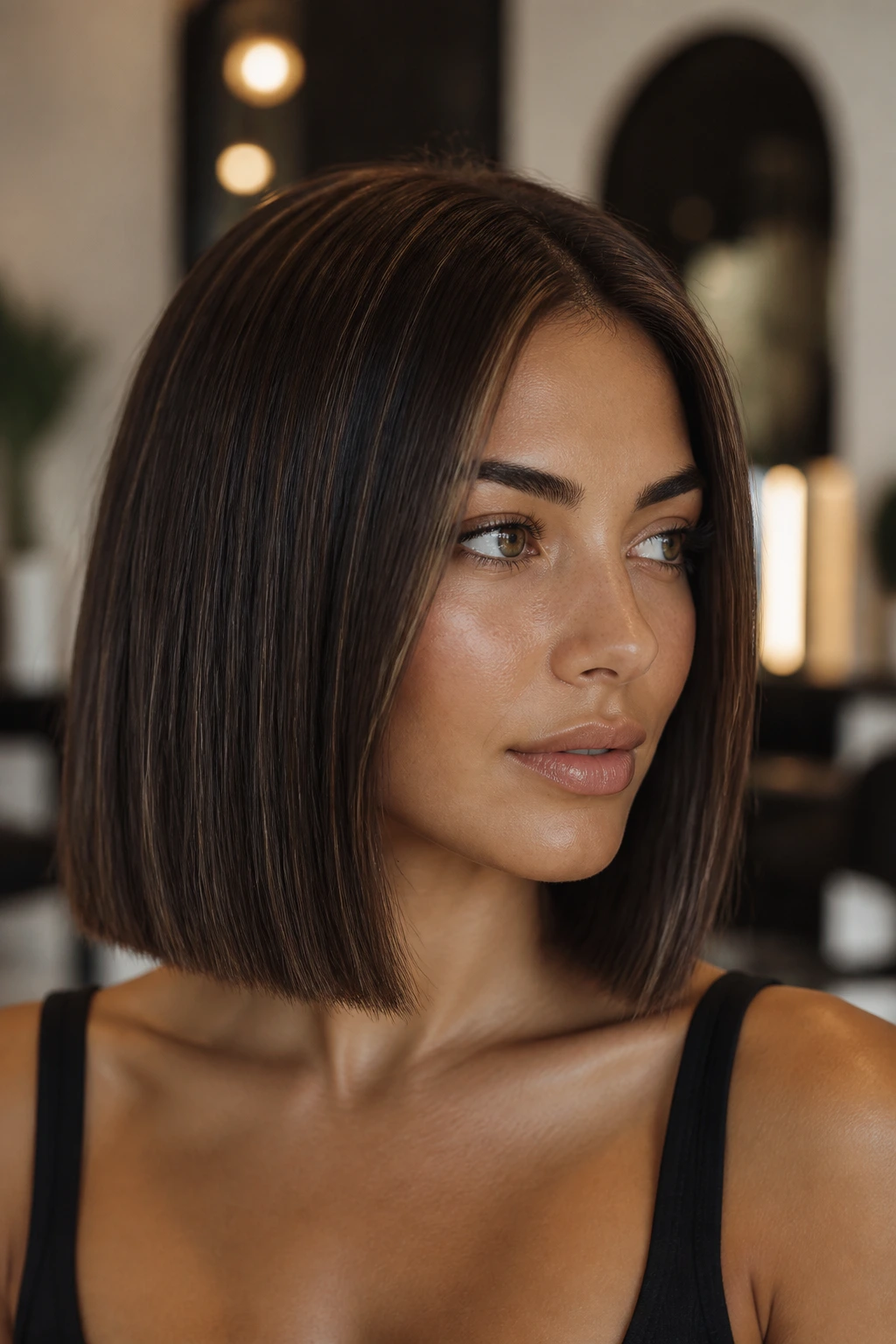 Portrait of woman with mocha blunt lob haircut