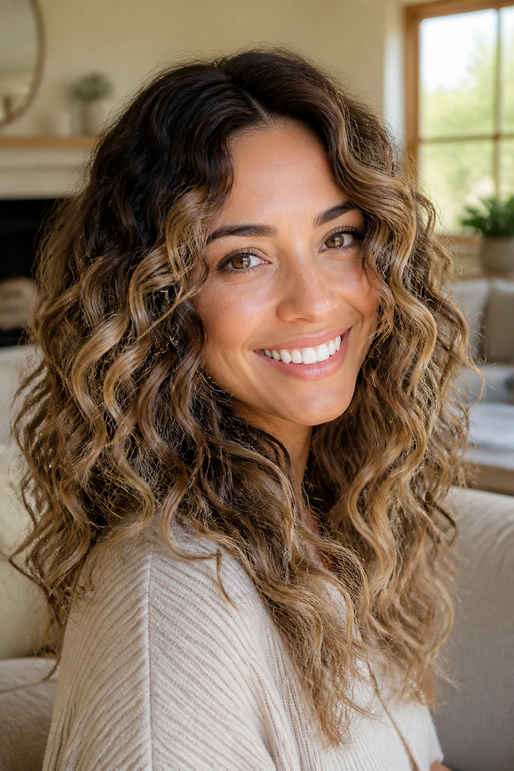 Portrait of brunette with mocha bronde curls and dimensional color